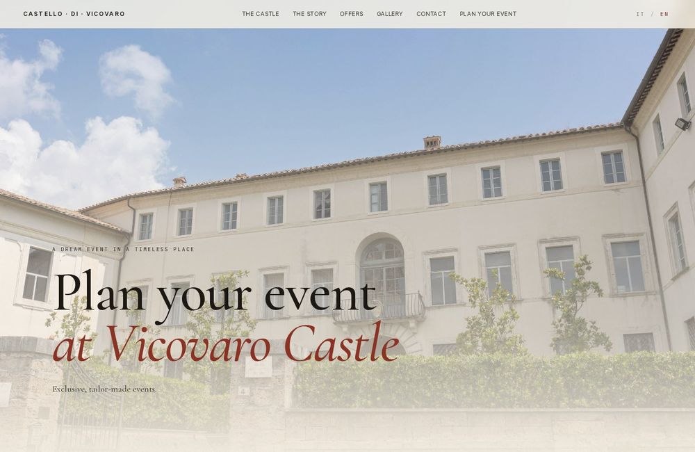 The Castello di Vicovaro website, presenting the historic venue and its event spaces.