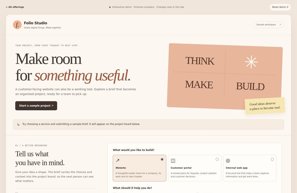 Folio Studio demo with a customer project request form and a request board.